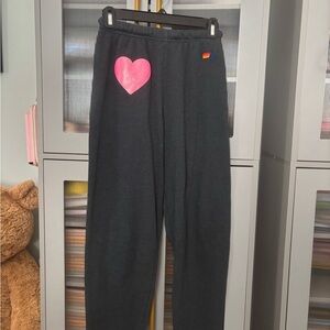 Aviator Nation Black Sweatpants with Pink Heart